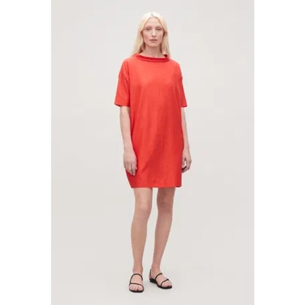 COS Orange Folded-Collar Short Sleeves Draped Mini Dress Size 2